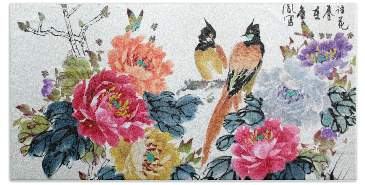 Red Peonies Beach Towel featuring the painting Harmony and Lasting Spring by Yufeng Wang