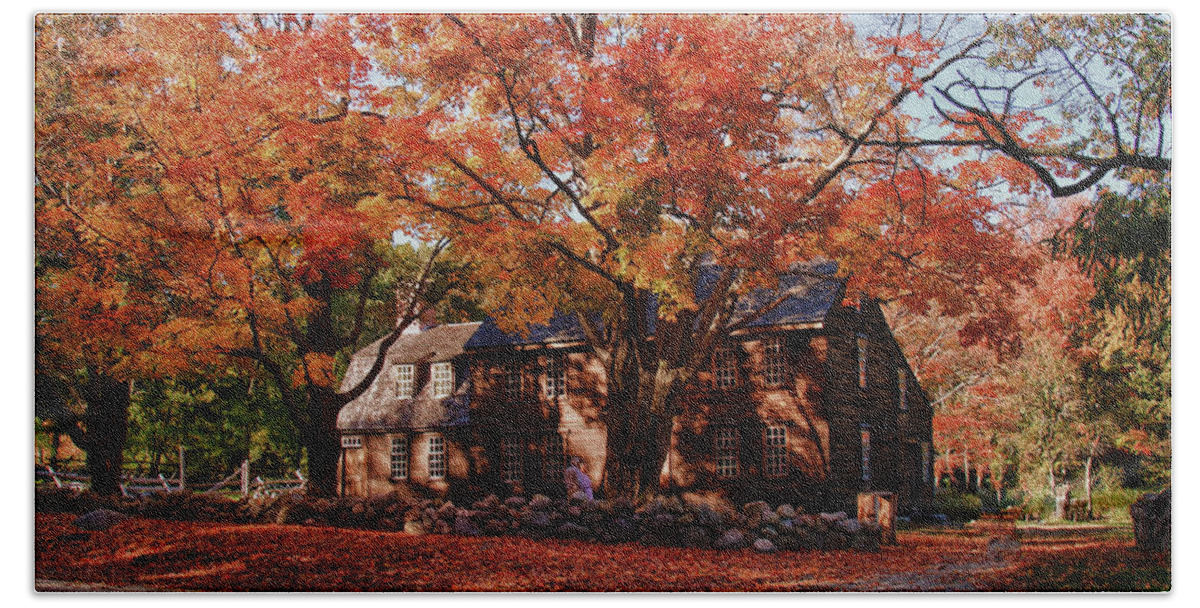 Autumn Foliage New England Beach Sheet featuring the photograph Hartwell tavern under canopy of fall foliage by Jeff Folger