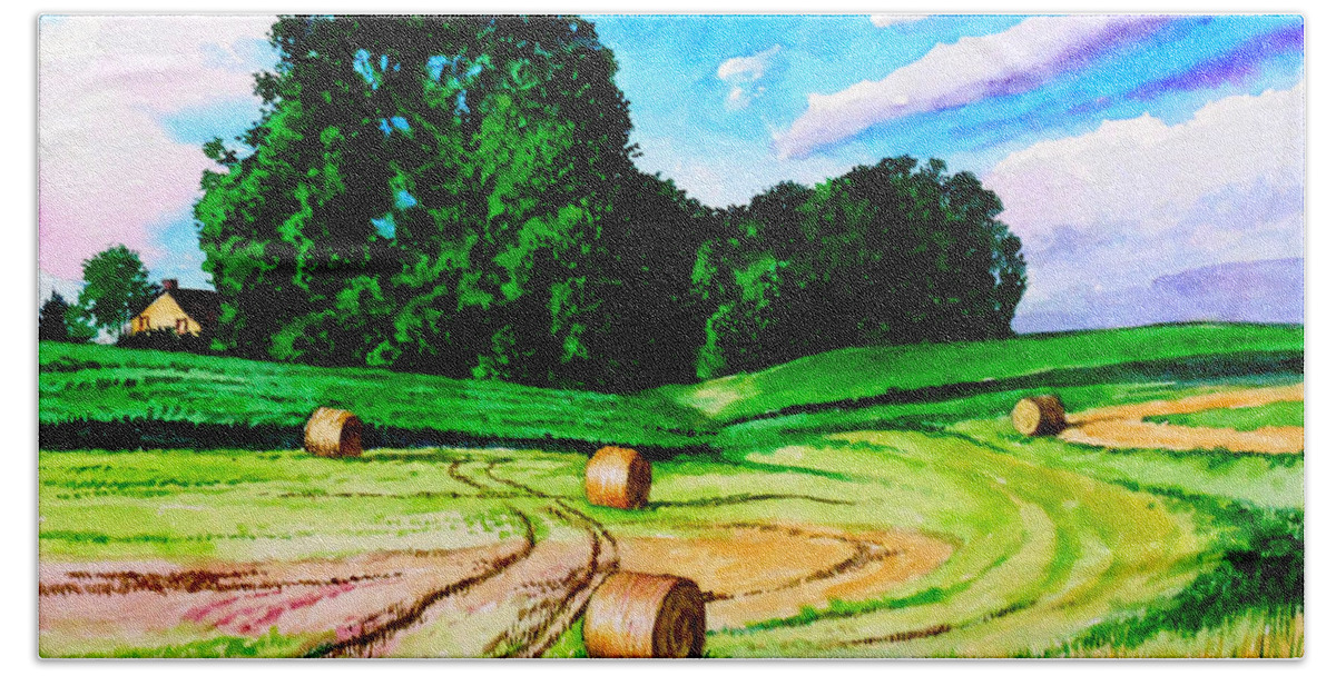 Farm Beach Towel featuring the painting Hay Rolls on Farmland by Christopher Shellhammer