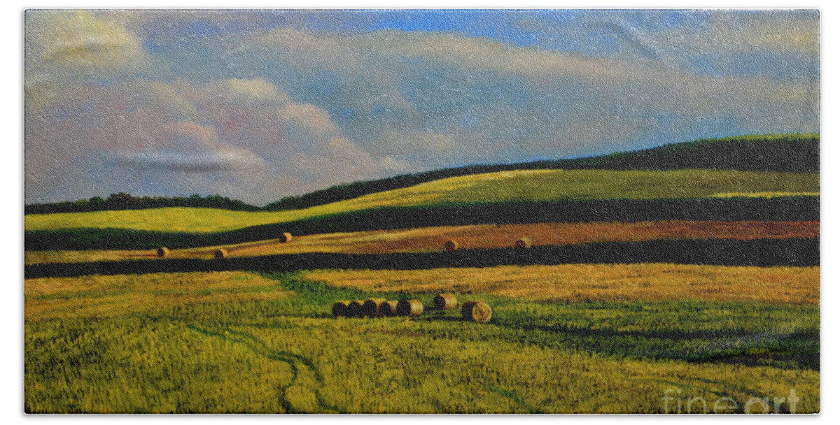 Hay Rolls Beach Towel featuring the painting Hay Rolls on the Field Number Two by Christopher Shellhammer