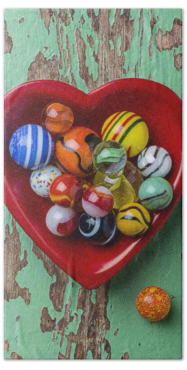 Heart Beach Towel featuring the photograph Heart Dish With Marbles by Garry Gay