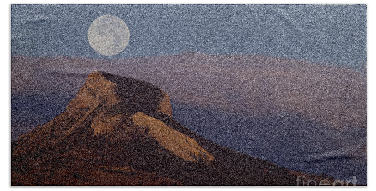 Heart Mountain Beach Towel featuring the photograph Heart Mountain And Full Moon-Signed-#0325 by J L Woody Wooden