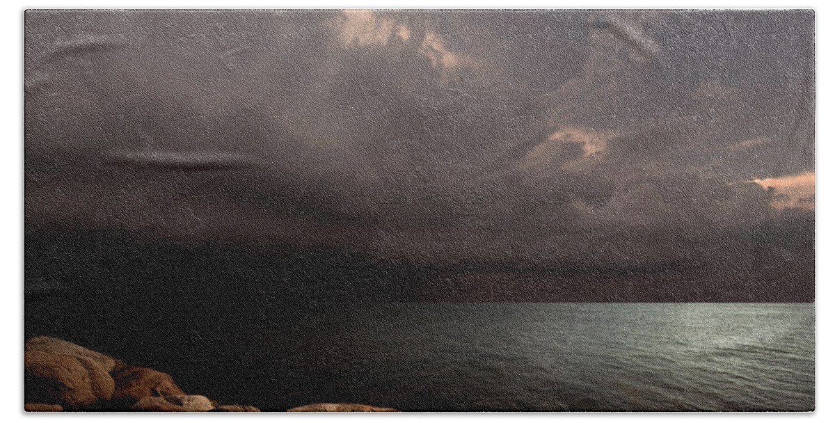 Sea Clouds Bay Water Seascape Landscape Balticsea Rocks Shore Storm Light Lightning Calm Sun Sky Nature Photomontage Photomanipulation Beach Towel featuring the photograph Heart of the Tempest by Michal Karcz