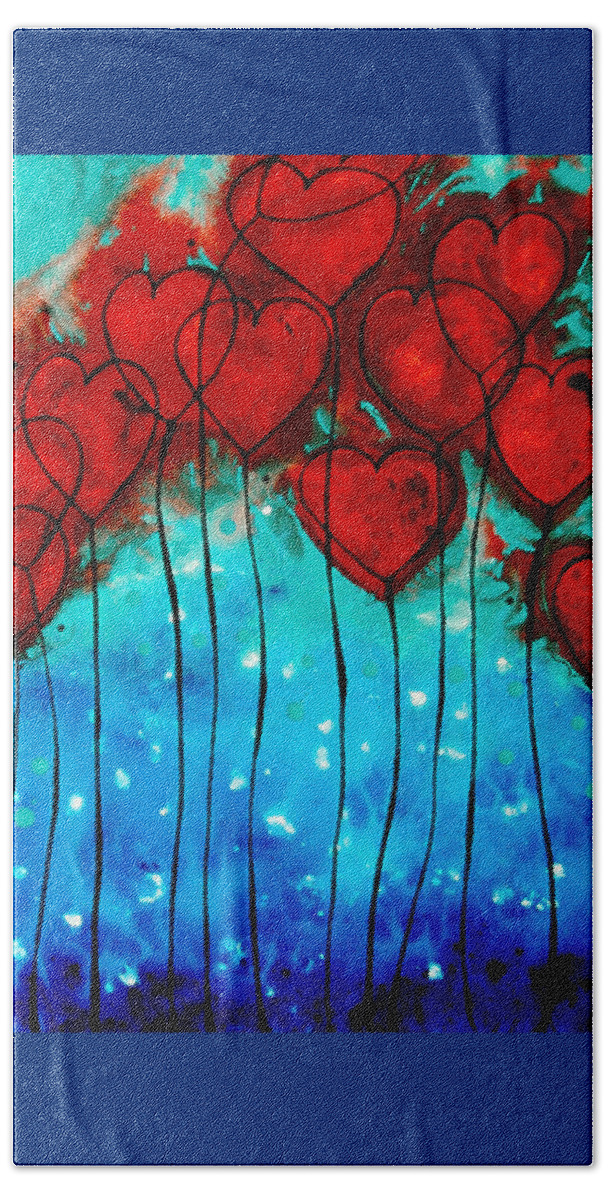 Red Beach Towel featuring the painting Hearts on Fire - Romantic Art By Sharon Cummings by Sharon Cummings