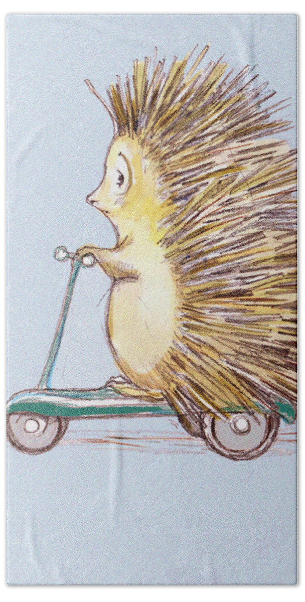 Hedgehog Beach Towel featuring the drawing Hedgehog on Scooter by Peggy Wilson