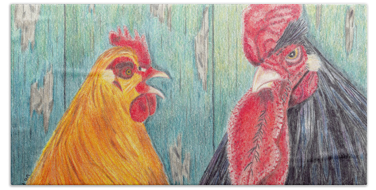Rooster Beach Sheet featuring the drawing Henpecked by Arlene Crafton