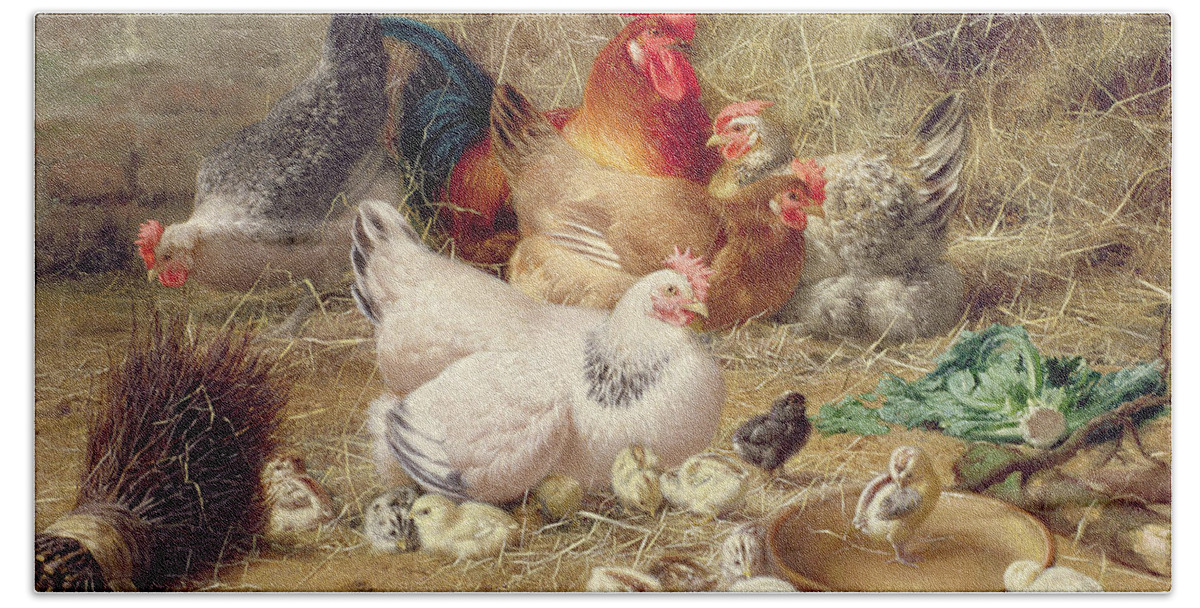 Bird Beach Towel featuring the painting Hens Roosting With Their Chickens by Eugene Remy Maes