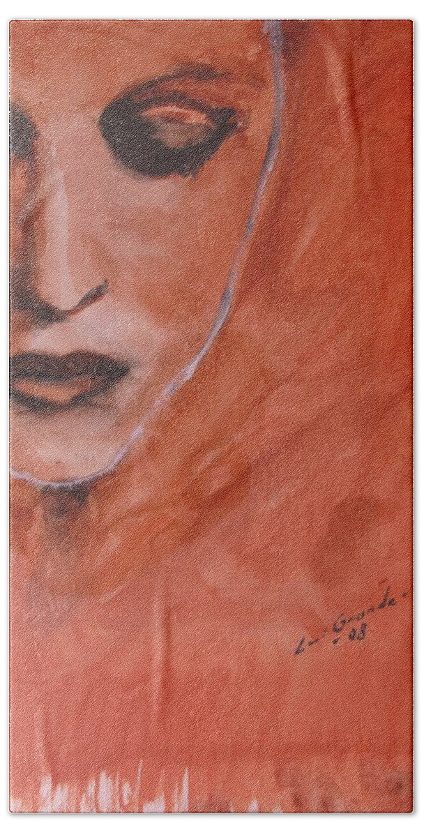 Portrait Beach Sheet featuring the painting Looking To Her Soul by Jarmo Korhonen aka Jarko
