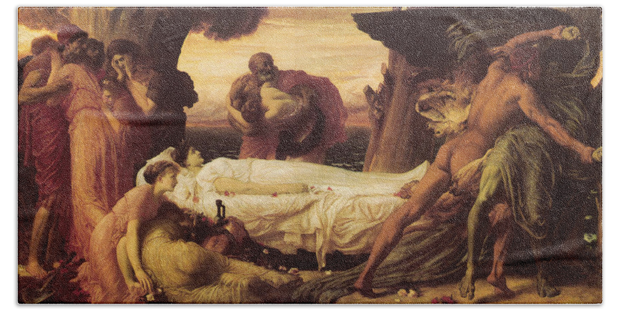 Hercules Wrestles With Death Beach Towel featuring the painting Hercules Wrestles with Death by Frederick Leighton