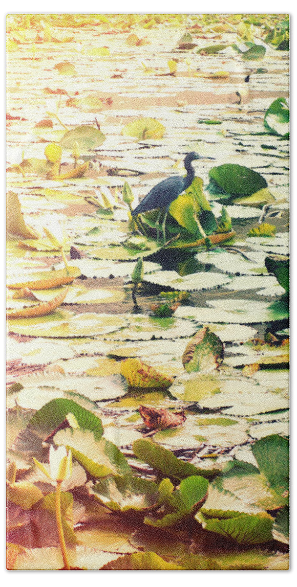 Florida Beach Towel featuring the photograph Heron Among Lillies Photography Light Leaks by Chris Andruskiewicz
