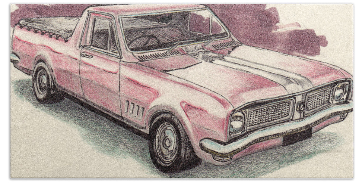 Holden Ute Australia Bathurst Aussie Pickup Car V8 Classic Red Beach Sheet featuring the drawing Hg Holden ute by Guy Pettingell