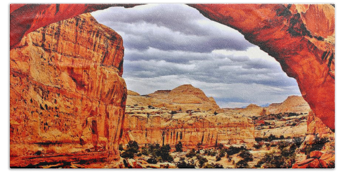 Hickman Beach Towel featuring the photograph Hickman Bridge in Capitol Reef by Benjamin Yeager