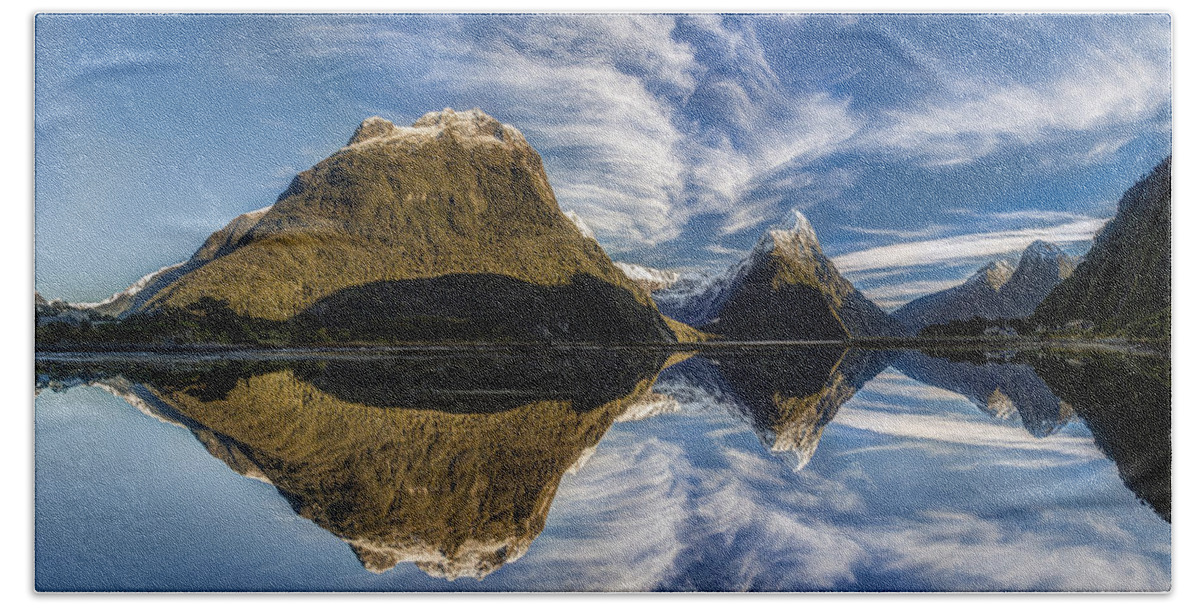 Colin Monteath Beach Towel featuring the photograph High Clouds Over Peak Mitre Peak by Colin Monteath