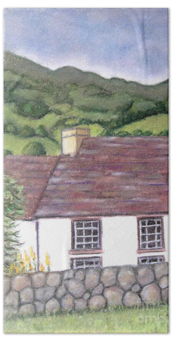 Scotland Beach Sheet featuring the pastel Highland Farmhouse by Laurie Morgan
