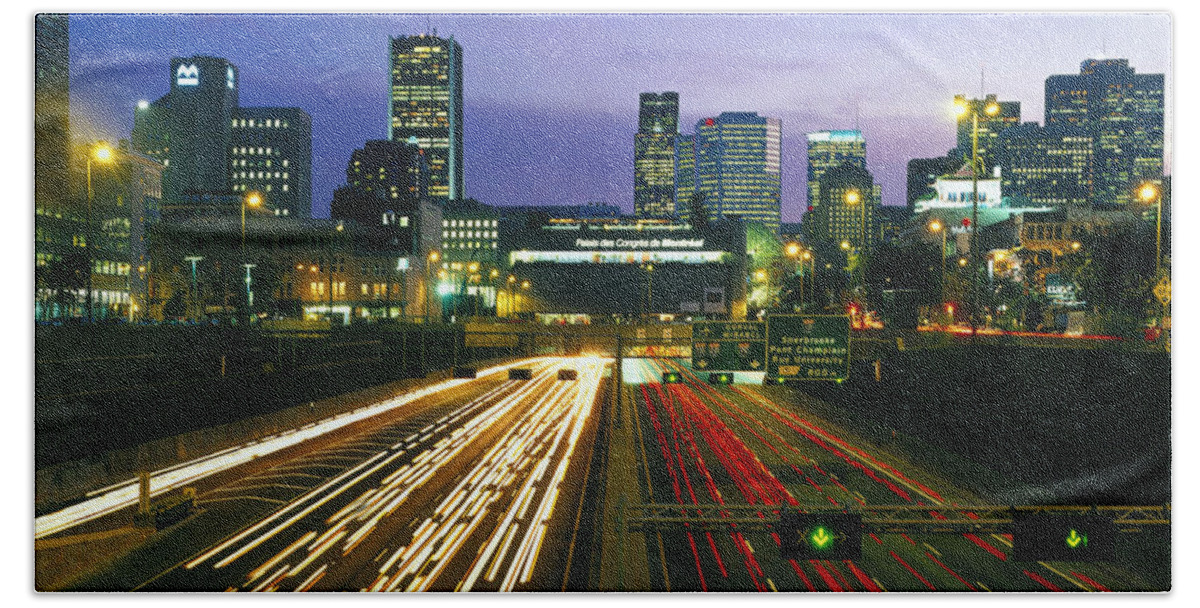 Skyline Beach Towel featuring the photograph Highway Traffic At Dusk, Montreal Ca by Rafael Macia