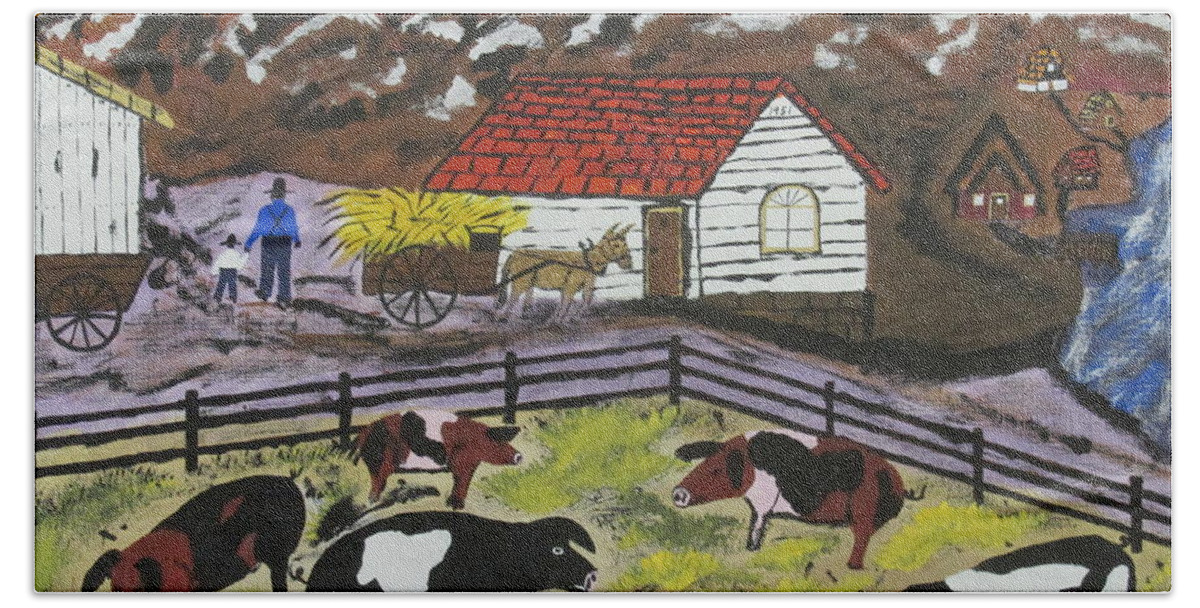  Beach Towel featuring the painting Hog Heaven Farm by Jeffrey Koss