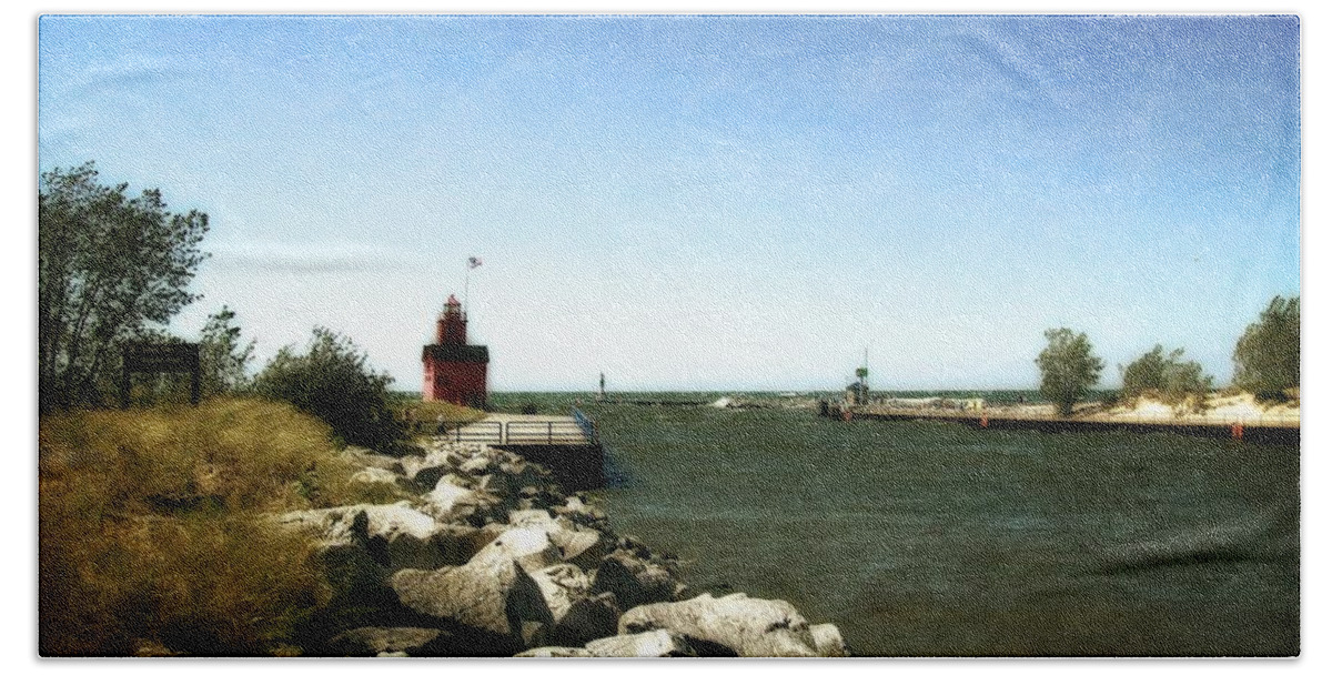 Lighthouse Beach Towel featuring the photograph Holland Channel and Big Red by Michelle Calkins