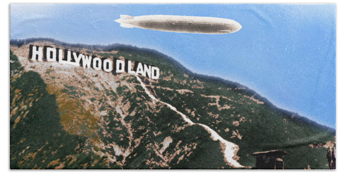 La Beach Towel featuring the photograph Hollywood Sign and Blimp by Tony Rubino