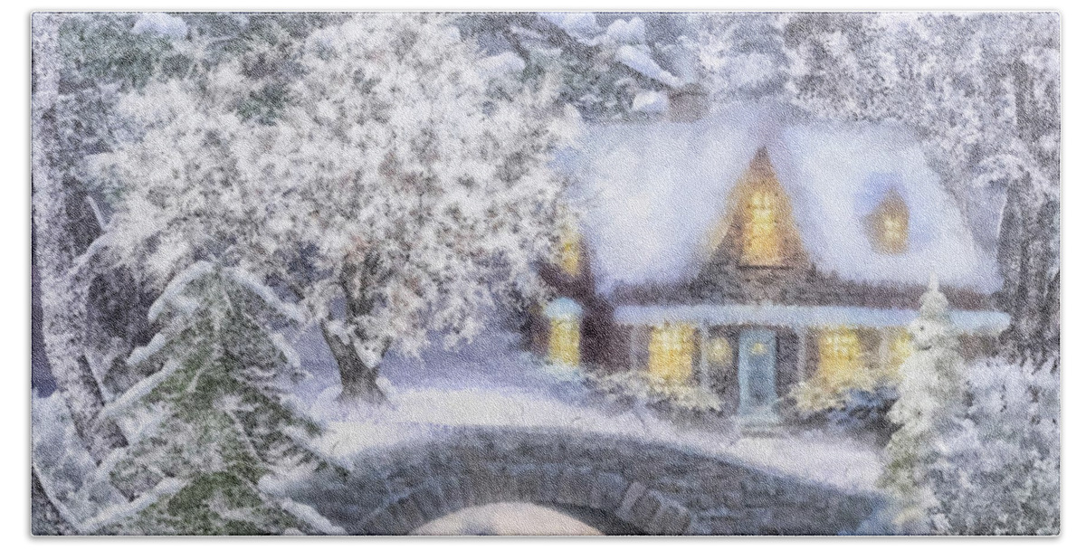 Home For The Holidays Beach Towel featuring the painting Home for the Holidays by Mo T