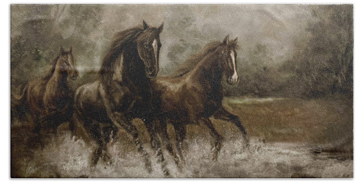 Horse Painting Beach Towel featuring the painting Horse Painting Escaping the Storm by Regina Femrite