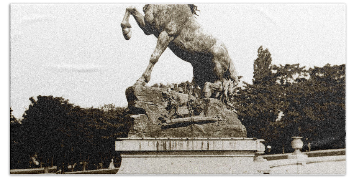 In Front Of The Palace Trocadero Beach Towel featuring the photograph Horse sculpture Trocadero Paris France 1900 Historical Photos by Monterey County Historical Society