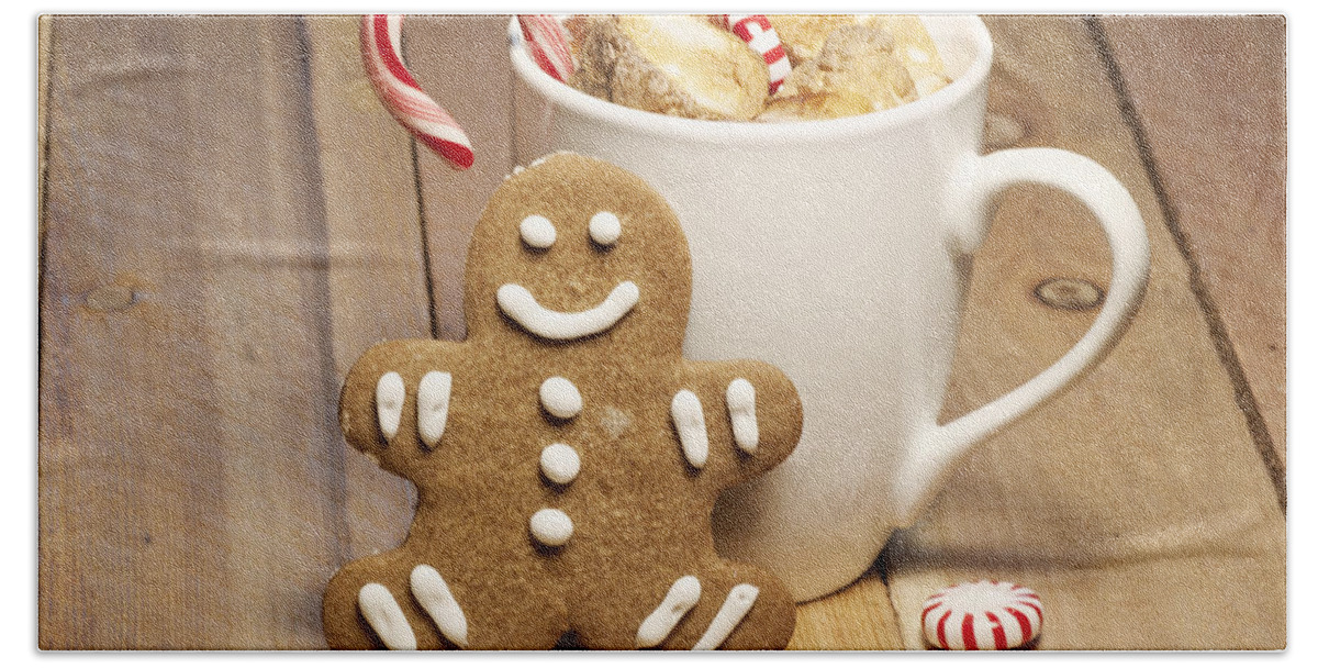 Baked Beach Sheet featuring the photograph Hot Chocolate Toasted Marshmallows and a Gingerbread Cookie by Juli Scalzi
