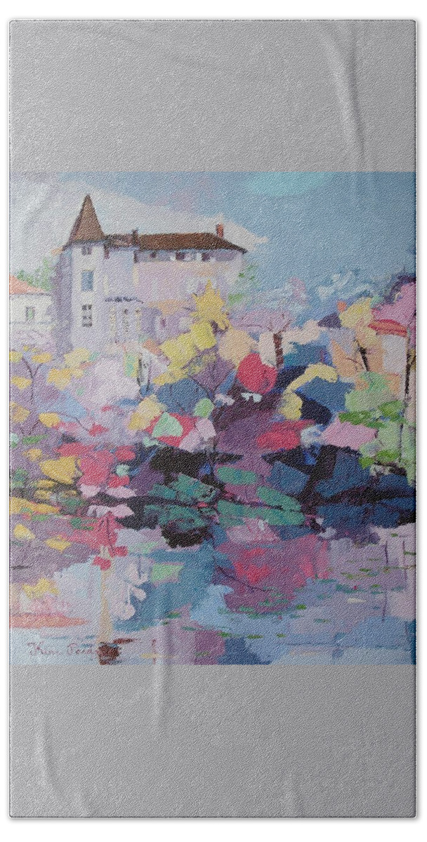Landscape Beach Towel featuring the painting hotel Fayolle by Kim PARDON