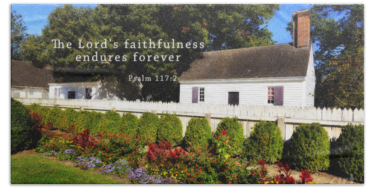 George Beach Towel featuring the photograph House and Gardens with Scripture by Jill Lang