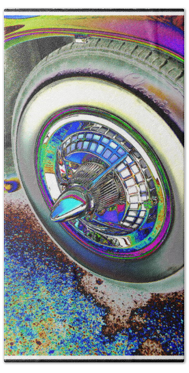  Vintage Car Hubcap And Whitewall Retro .photograph Digitally Enhanced Colorful Beach Towel featuring the digital art Hubcap and whitewall vintage by Priscilla Batzell Expressionist Art Studio Gallery