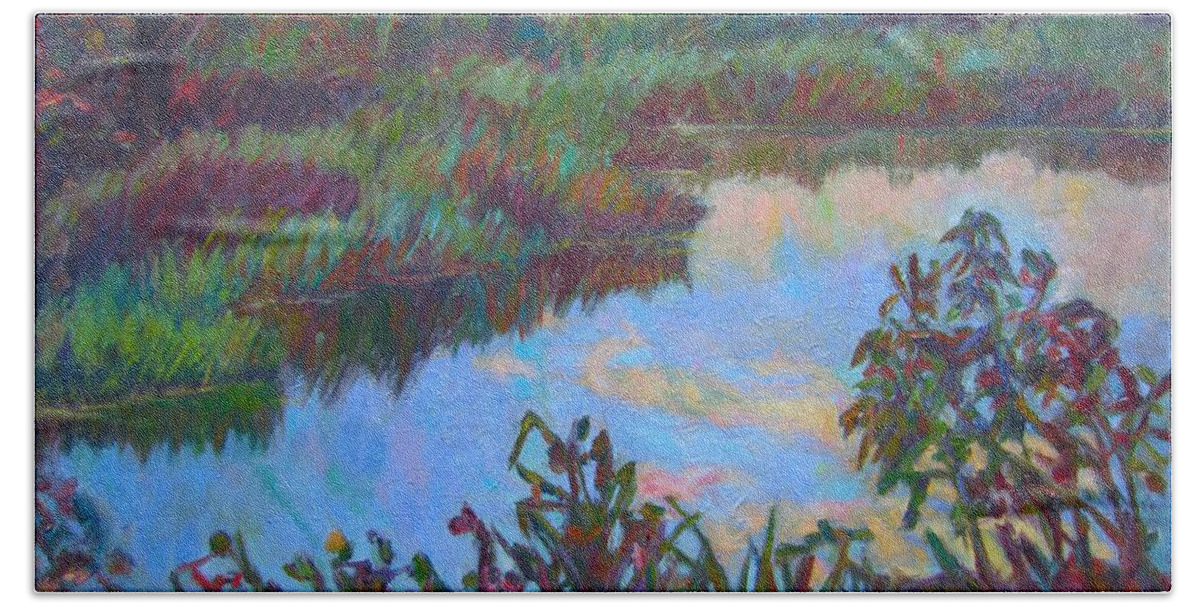 Landscape Beach Towel featuring the painting Huckleberry Line Trail Rain Pond by Kendall Kessler