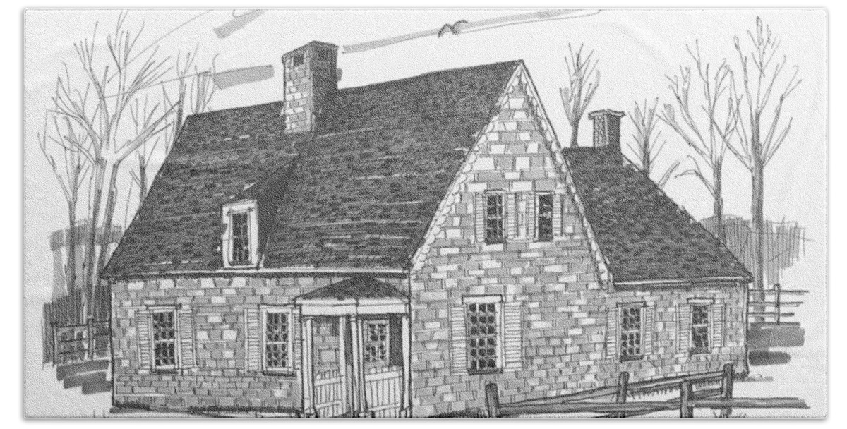 Hurley Beach Towel featuring the drawing Hurley Stone House by Richard Wambach