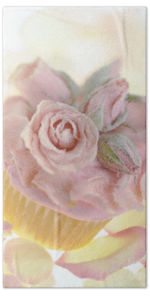 Rose Cupcake Beach Towel featuring the photograph Iced Cup Cake with Sugared Pink Roses by Iris Richardson