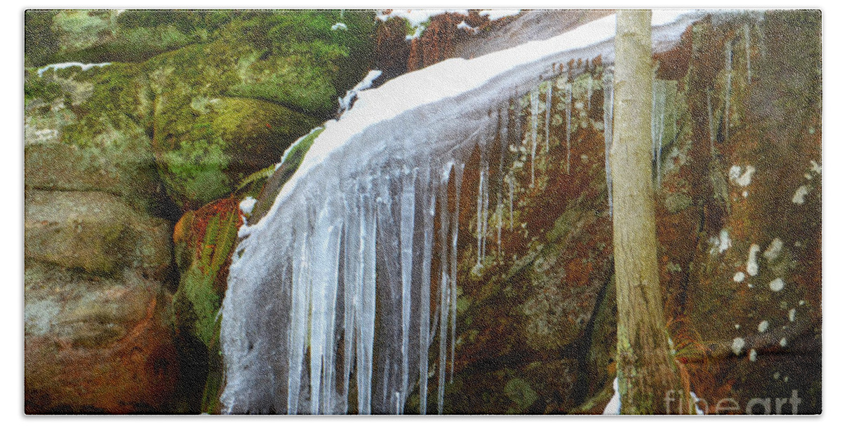 Landscape Beach Towel featuring the photograph Icy Waterfall by Peggy Franz