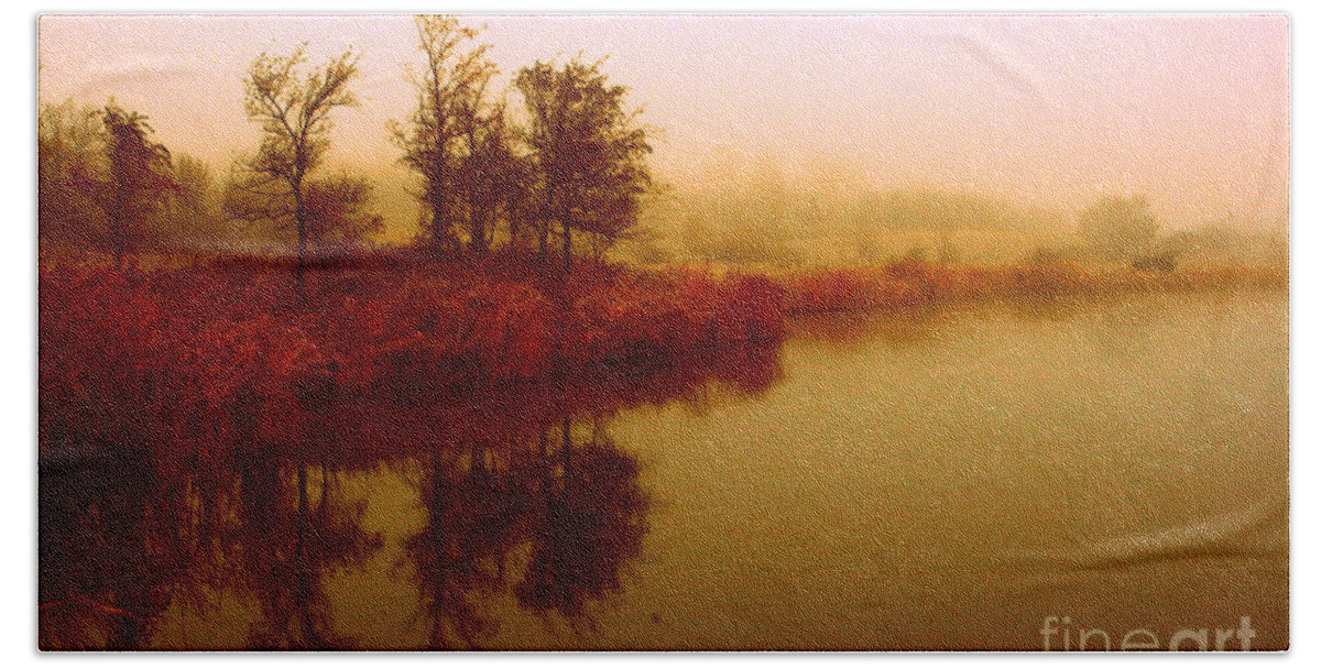 Fall Foggy Morning Beach Towel featuring the photograph Impressionist Reflection by Julie Lueders 