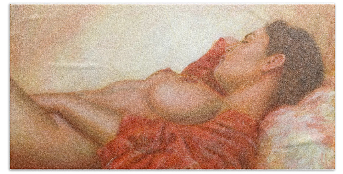 Erotic Beach Towel featuring the painting In her own World by John Silver