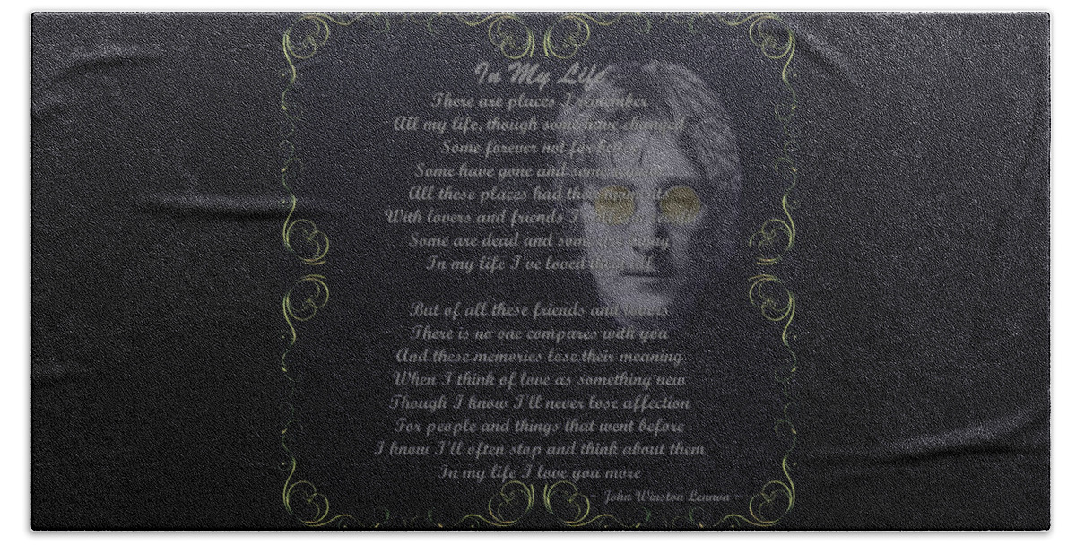 Lennon Beach Towel featuring the digital art In My Life Golden Scroll by Movie Poster Prints