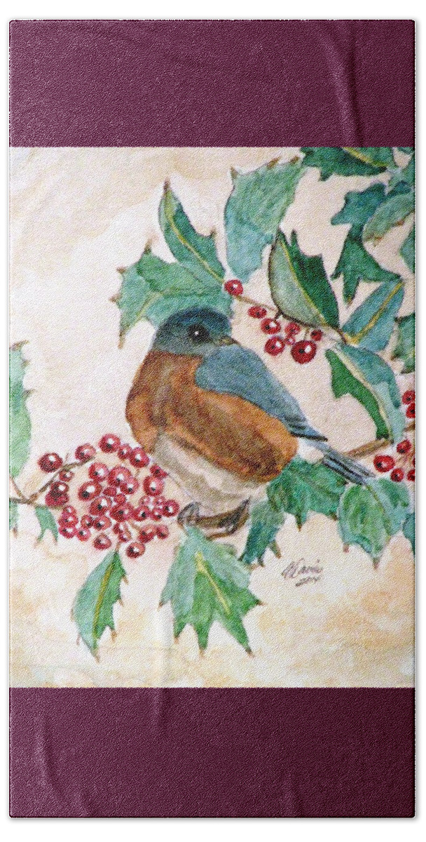 Bluebirds Beach Towel featuring the painting In The Holly Tree by Angela Davies