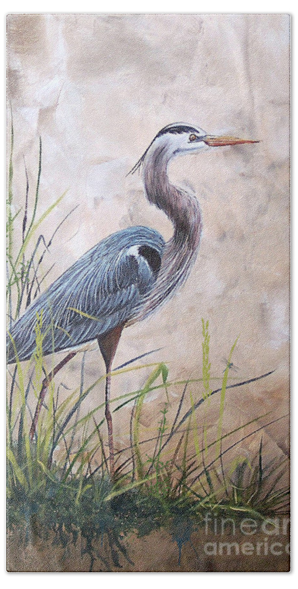 Heron Beach Towel featuring the painting In the Reeds-Blue Heron-A by Jean Plout
