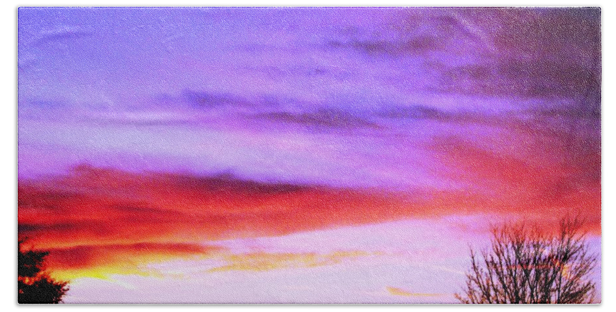 #indiansky #rainstorm #aftermath #brilliantcolors #treeline #lavenders #southgeorgia Beach Towel featuring the photograph Indian Morning Sky by Belinda Lee