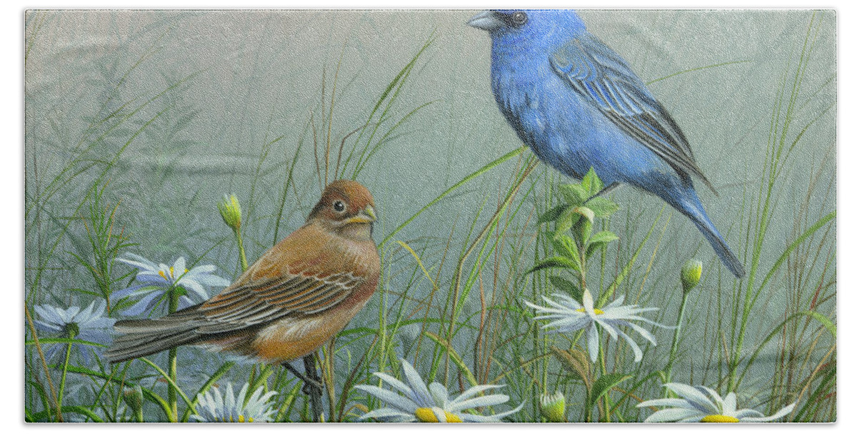Blue Birds Beach Sheet featuring the painting Indigo Bunting by Mike Brown