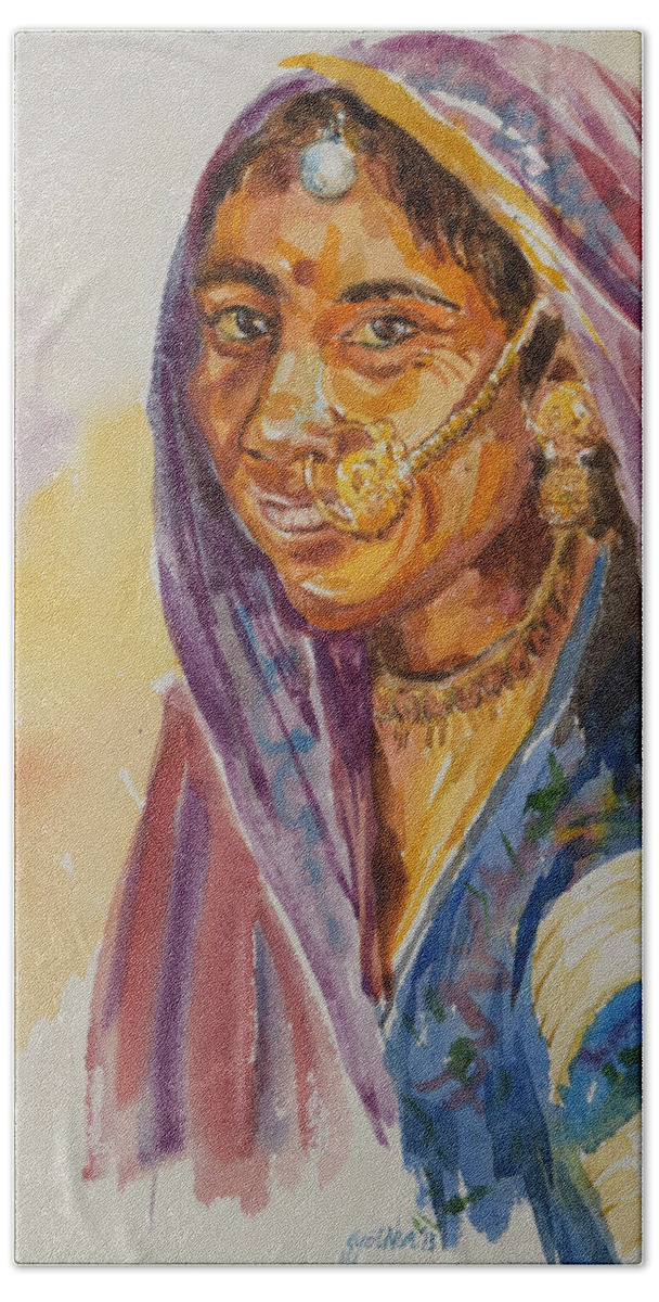 Rajasthani Woman Beach Towel featuring the painting Innocent smile by Jyotika Shroff