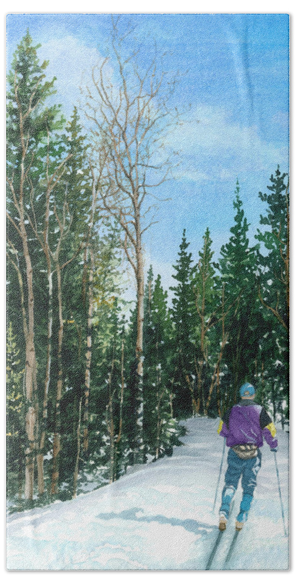 Cross Country Skiing Beach Sheet featuring the painting Into the Woods by Barbara Jewell