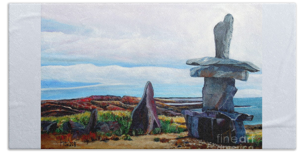 Stone Landmark Beach Towel featuring the painting Inukshuk by Marilyn McNish