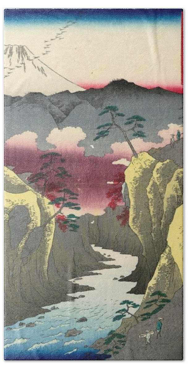 1858 Beach Towel featuring the painting Inume Pass in Kai Province by Utagawa Hiroshige