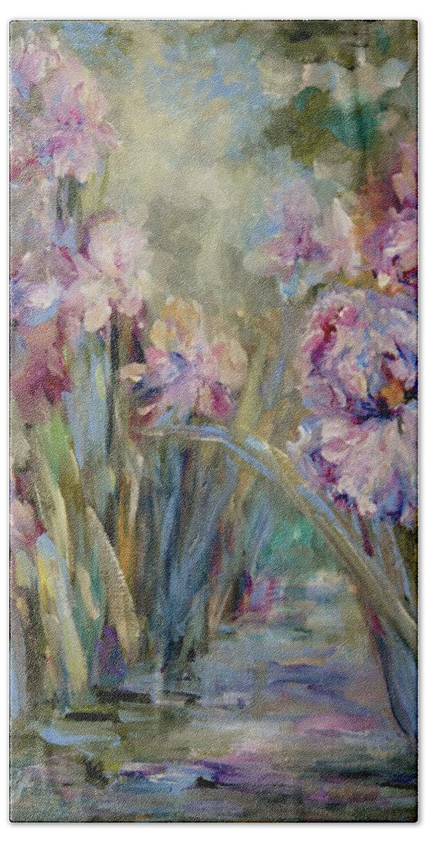 Iris Beach Sheet featuring the painting Iris Garden by Mary Wolf