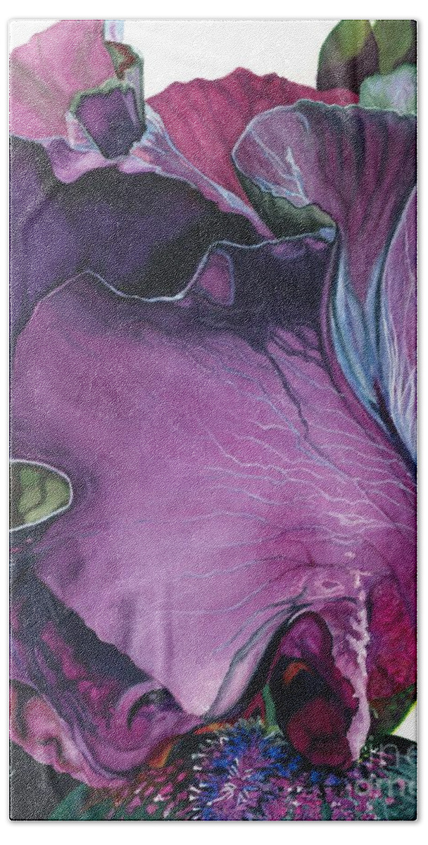 Flower Beach Sheet featuring the painting Iris- Unfolding Drama by Barbara Jewell