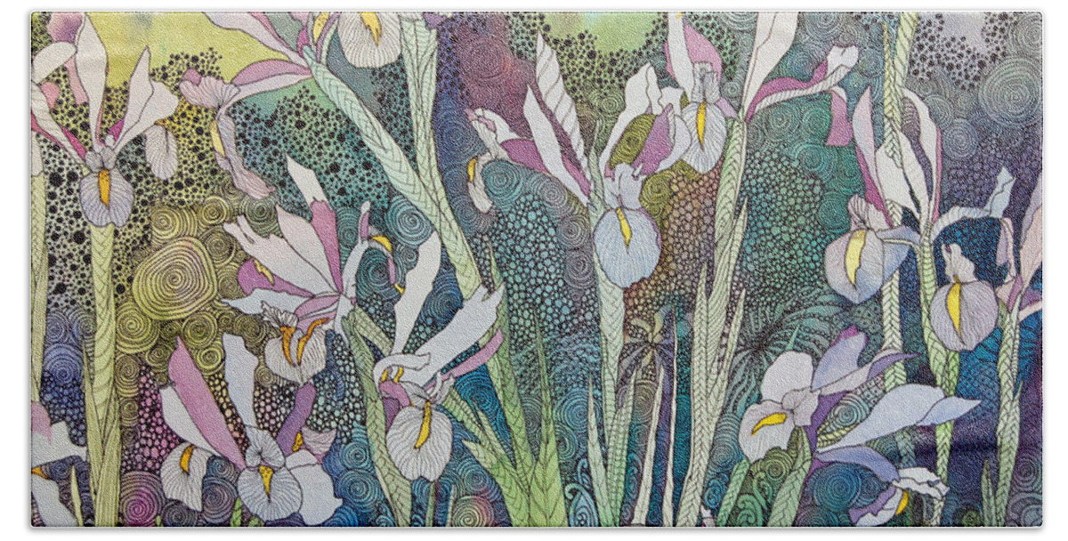 Irises Beach Sheet featuring the painting Irises and Doodles by Terry Holliday