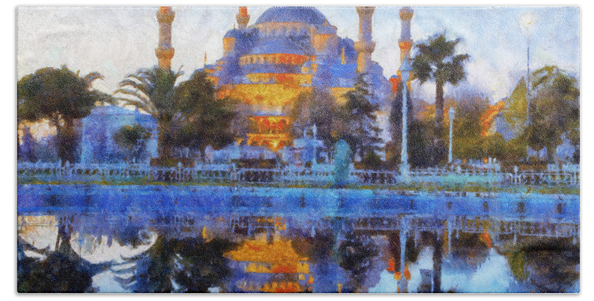 Istanbul Blue Mosque Beach Towel featuring the painting Istanbul Blue Mosque by Lilia D