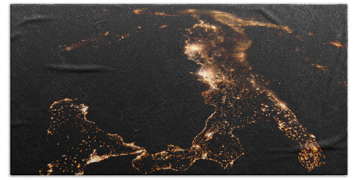 Satellite Image Beach Towel featuring the photograph Italy At Night, Satellite View by Science Source