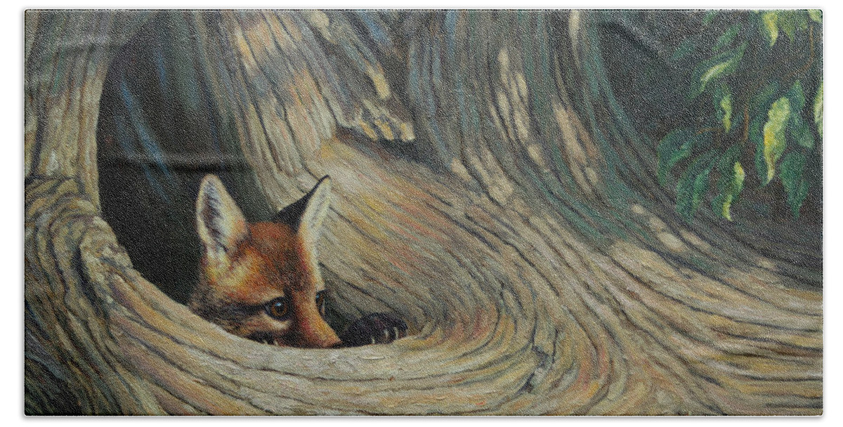 Dog Beach Towel featuring the painting Fox - It's a Big World Out There by Crista Forest
